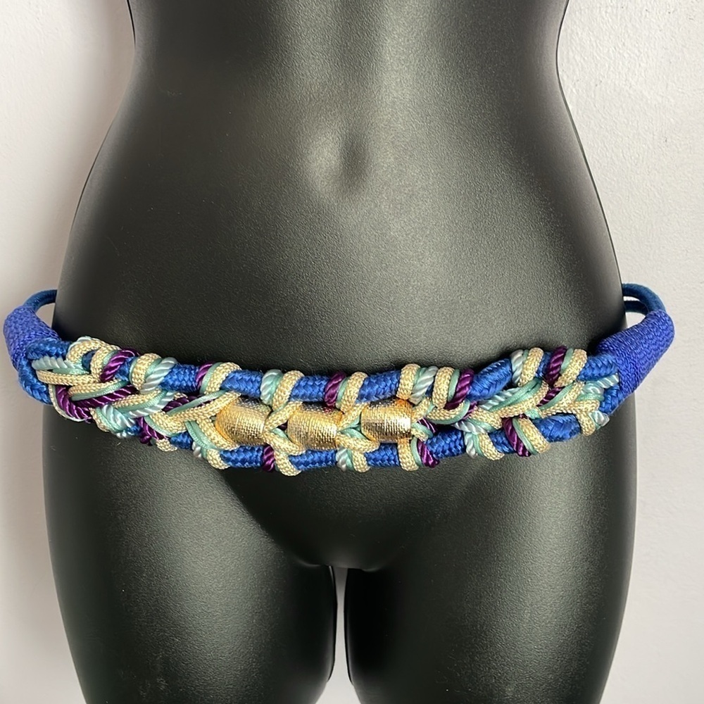Vintage Braided Rope Belt With Gold Metal Large Bead Details Hook Closure